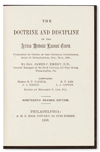 (RELIGION.) A. M. E. CHURCH. EMBRY, REV. JAMES C. The Doctrine and Discipline of the African Methodist Episcopal Church.